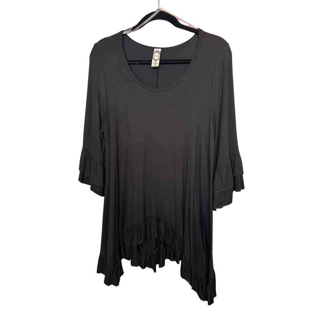 Honeyme Oversized Tunic Ruffle Hem Bohemian Black Top Size Small